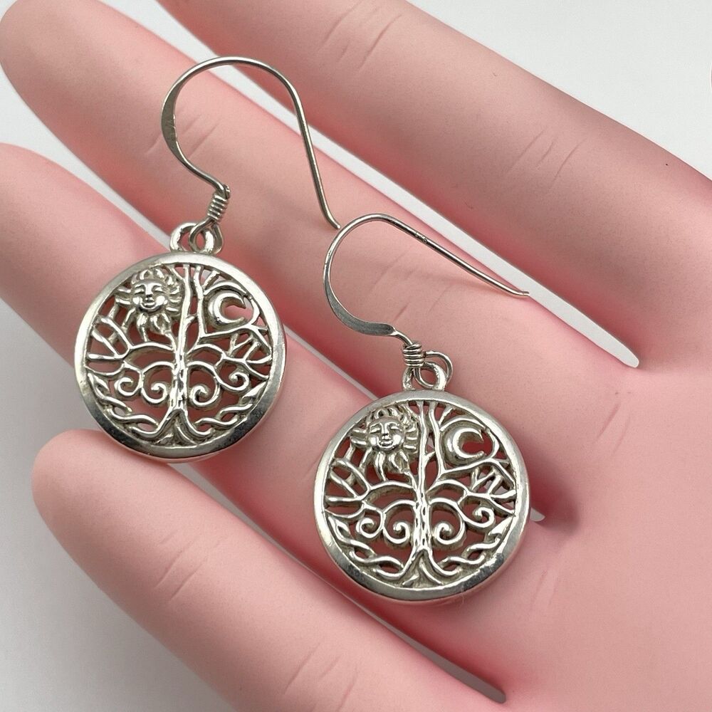 Vintage 925 Sterling Silver Celtic Moon Sun Tree Dangle Earrings Boho Celestial